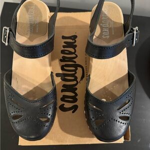 Sandgrens Sweden Swedish clogs heels platform wood black leather 36 6 6.5 EUC